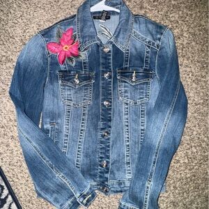 INC International Concepts Blue Jean Jacket with Red Floral Accent